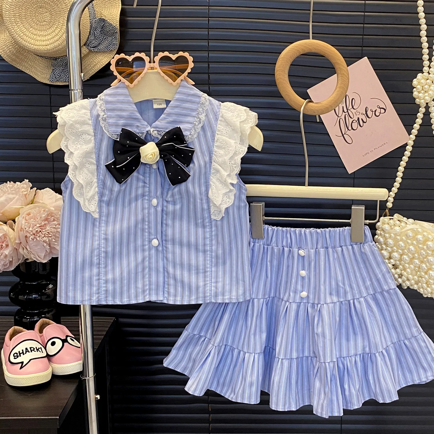 

2026 New Summer 1-12Y Girls 2 Piece Set Princess Style Short Sleeve Striped Shirt & Skirt Out for 90-140cm