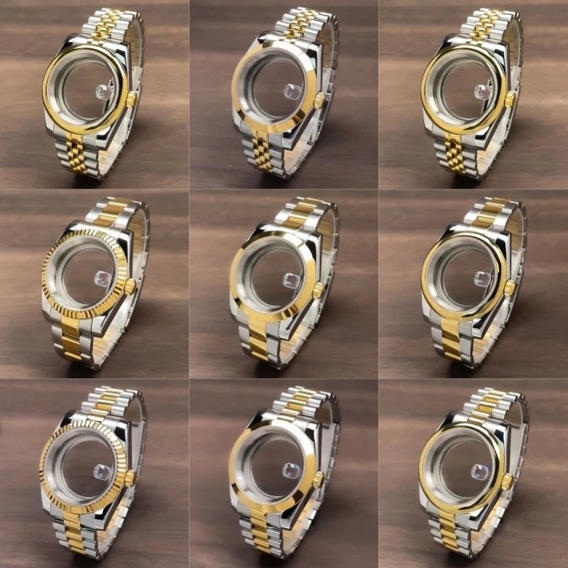 39mm NH35 Case Fluted Bezel DJ 2Tone Gold Sapphire Glass Modification Parts Fit NH35 NH36 Movement Stainless Steel Watch Case image 2
