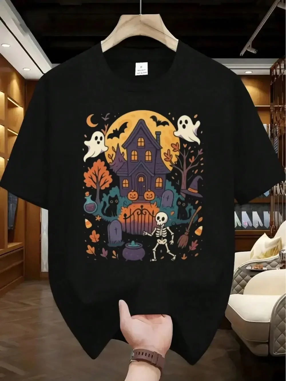 

Halloween print T-shirt, haunted house, bat, pumpkin, moon, magic, horror atmosphere, 100% pure cotton men's T-shirt