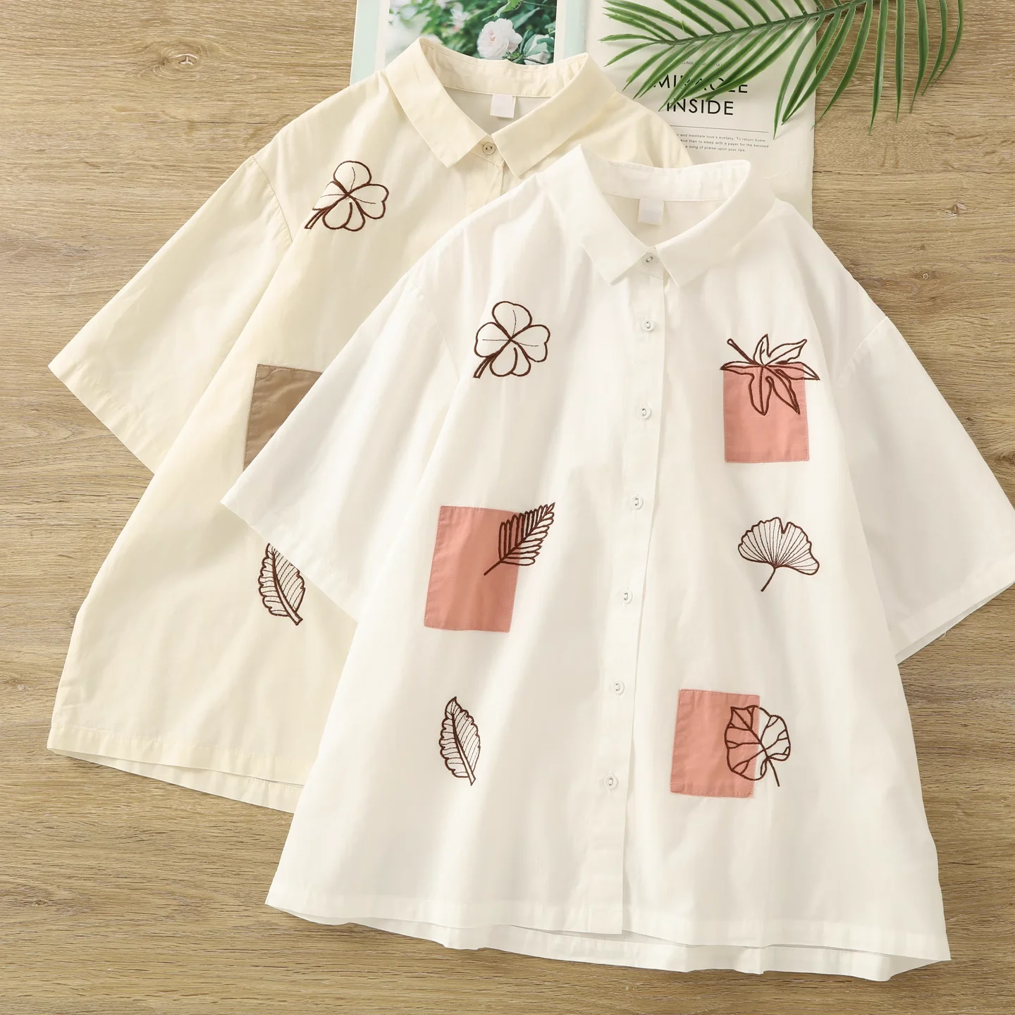 

Women's cotton shirt original design leaves embroidery white beige shirts and blouses for women short sleeve ladies tops