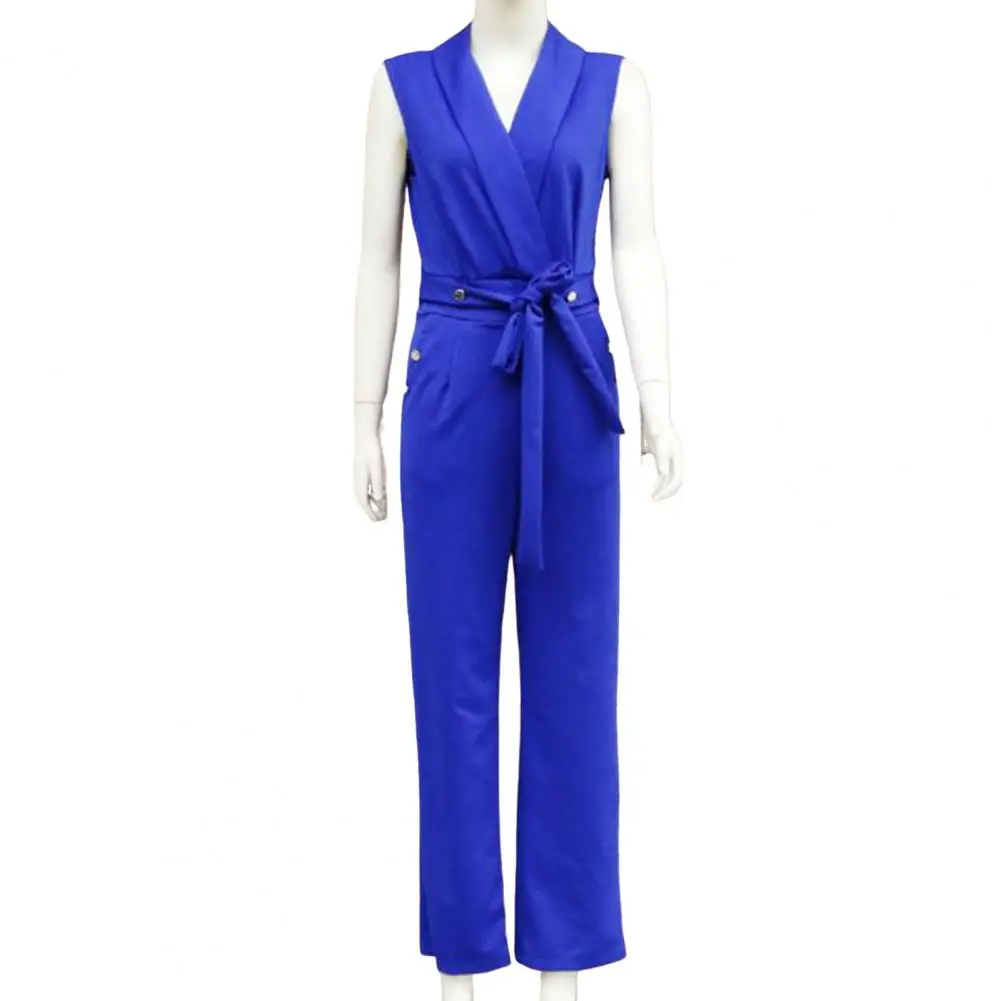 Solid Color Jumpsuit Elegant V Neck Jumpsuit with Lace-up Strap Wide Leg Design for Women Formal Business Style for Commuting