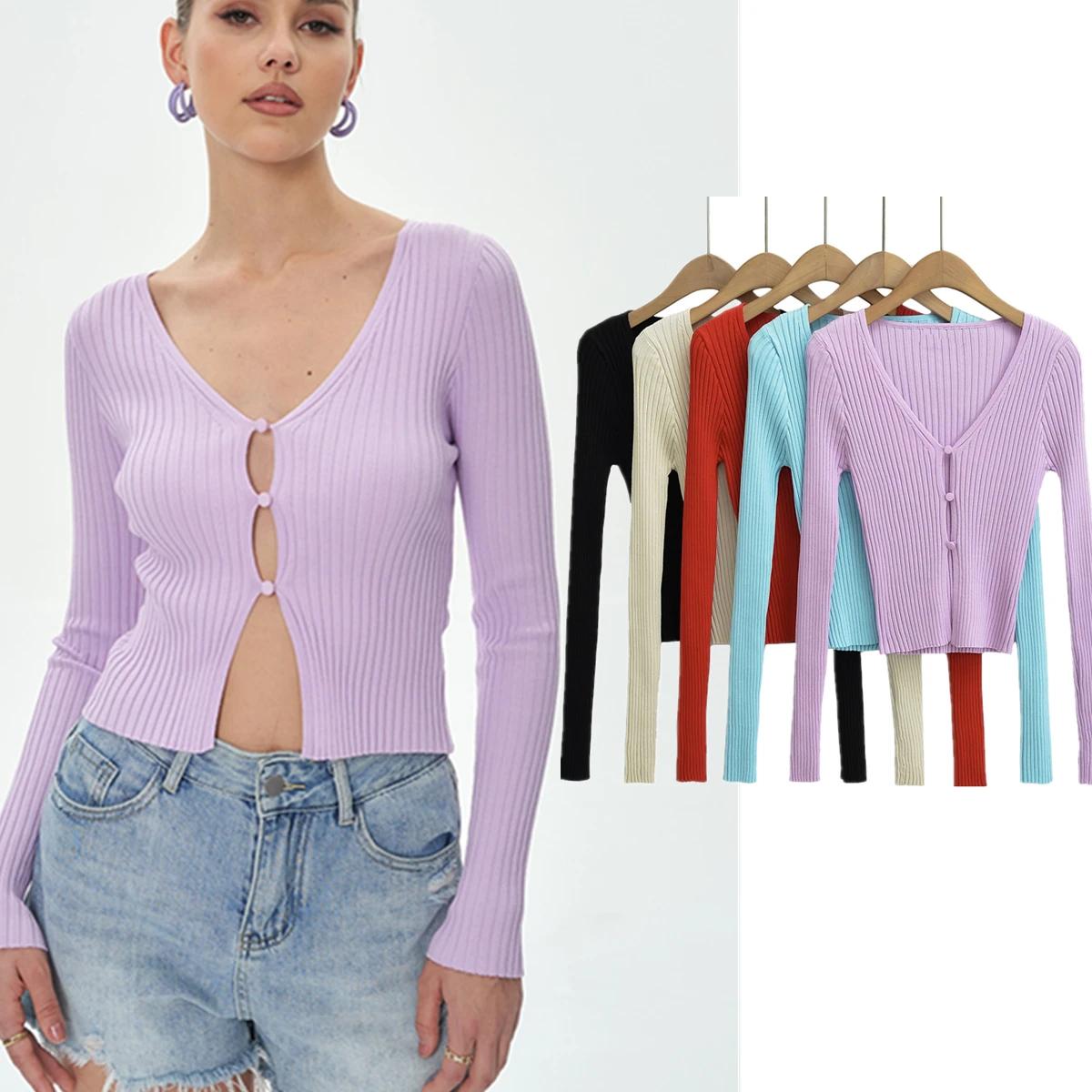 

Maxdutti Ladies Hollow Out Casual Single Breasted Cardigans Fashion Women Sweater Knitted Tshirts Women Tops