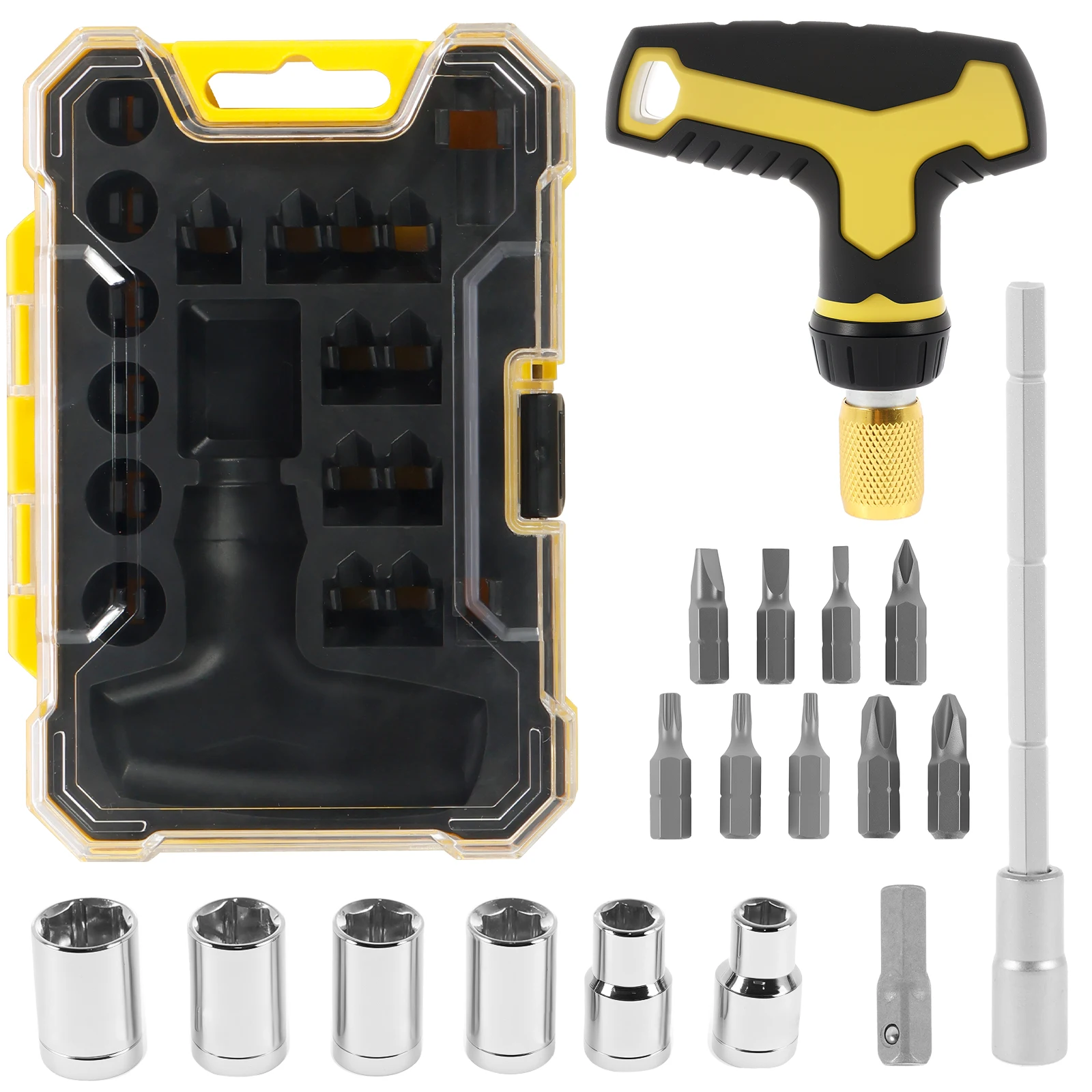 

18 шт., набор ключей с трещоткой и отверток с Т-образной ручкой, набор отверток с храповым механизмом из хром-ванадиевой стали, Т-образный набор с головками и битами