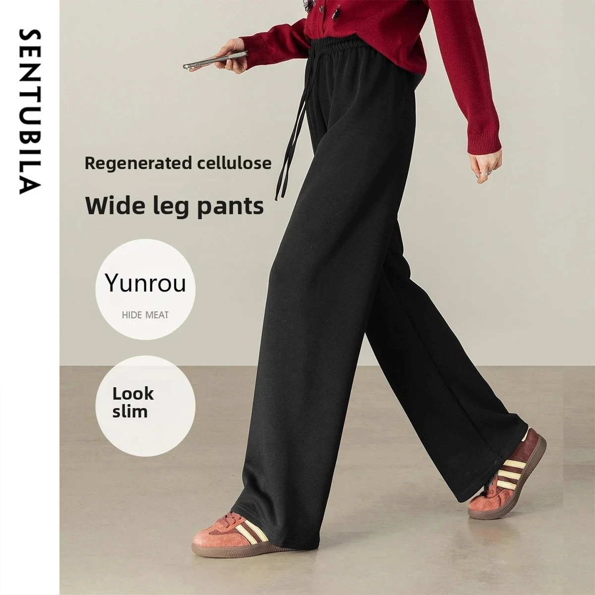 

SENTUBILA Wide Leg Pants for Women 2025 Autumn Drawstring Elastic Waist Straight Leg Trousers Loose Fit Soft Bottoms W54KD4005