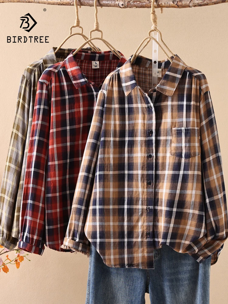 

New 2026 Spring Women Cotton Yarn Long Sleeve Shirt, Turn-down Collar Plaid, Mori Girl Fashion Casual Thin Loose Blouse T63629CC