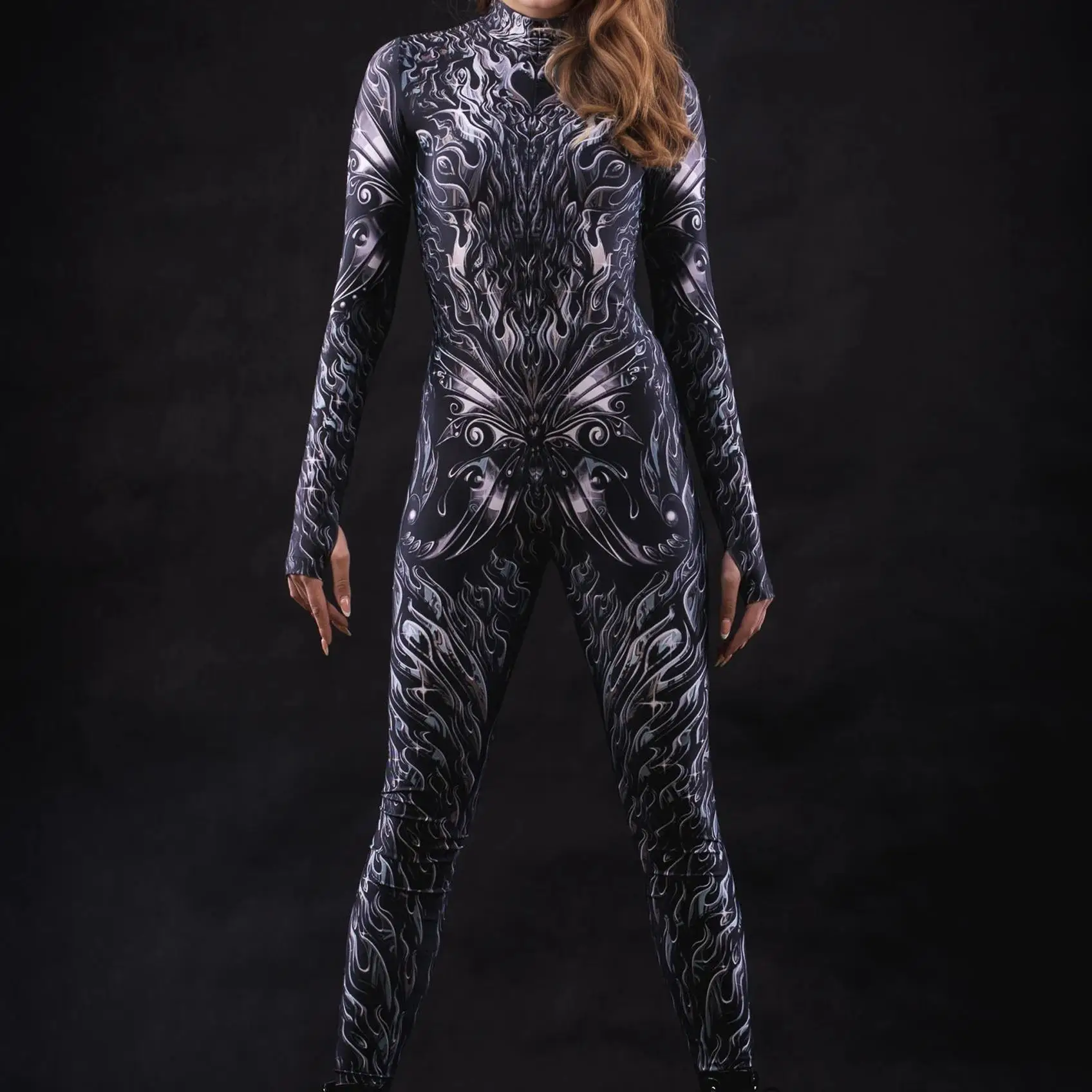 Sexy Damen Psychedelischer Netz-Cosplay-Jumpsuit Horror Halloween Festival Party Bodysuit Karneval Bühnenauftritt Eng Anliegend – Detail 20