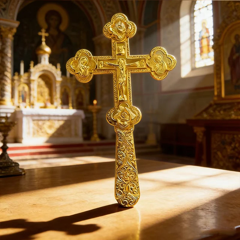 HTISOK Neues Elegantes Goldfarbenes Orthodoxes Handkreuz mit Blumengravuren für Gottesdienste und Persönlichen Spirituellen Schutz – Detail 18