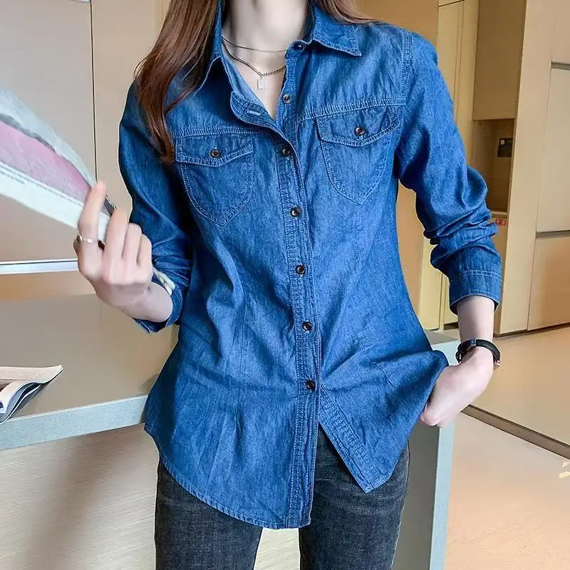 

Summer Casual Lady Denim Blouse Cotton Lapel Rolled Sleeve Metal Button Shirt Women Single Breasted Jeans Top Blusas Para Mujer