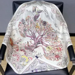 High-end Elegant Women Fine Colorful Life Tree Double Sided Print Quality 18MM Twill Silk Hand-rolled Edge Square Scarf Shawl