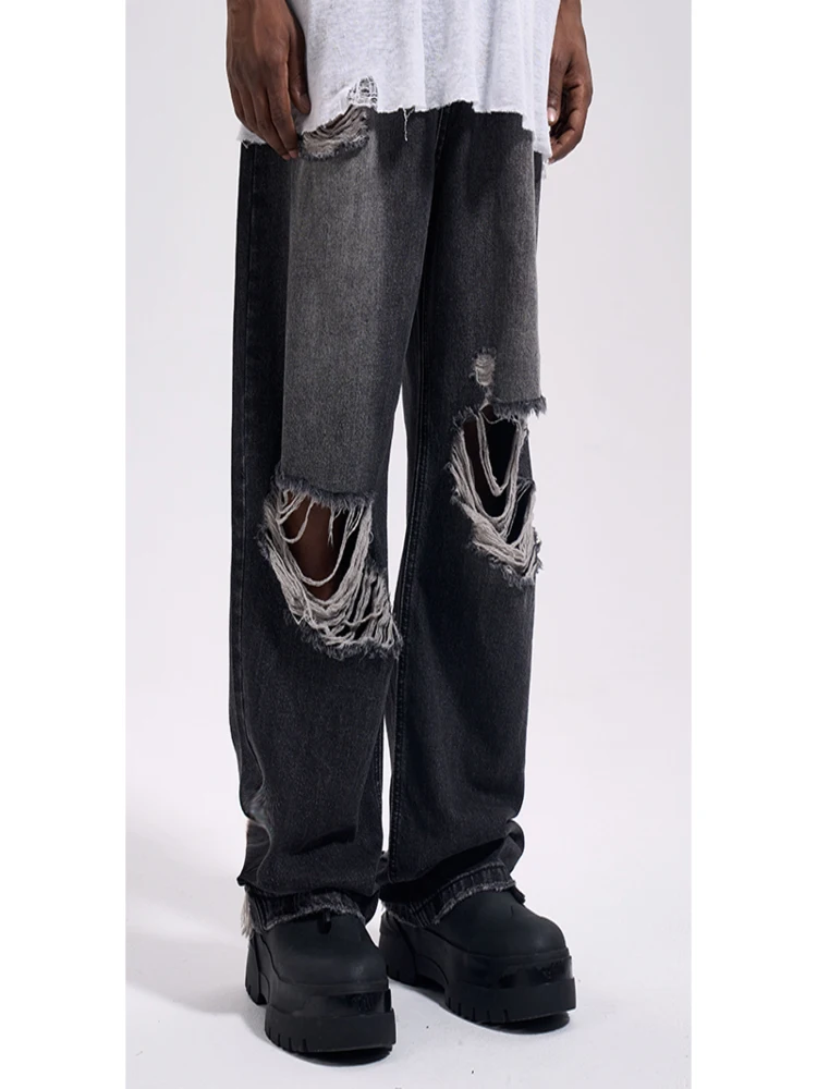 

High Street Wash Made Old Knee Hole Fashion Wide Leg Casual Skateboard Pants Mopping Jeans Man