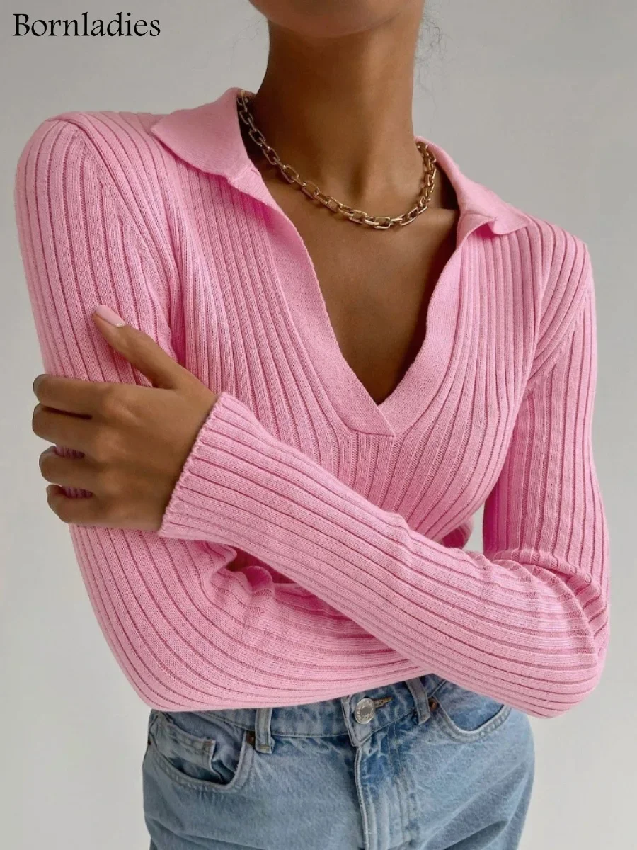 Bornladies 2023 Basic Women Polo Collar Sweaters Autumn Winter Tops Slim Pullover Knitted Sweater Jumper Female Soft Warm Pull