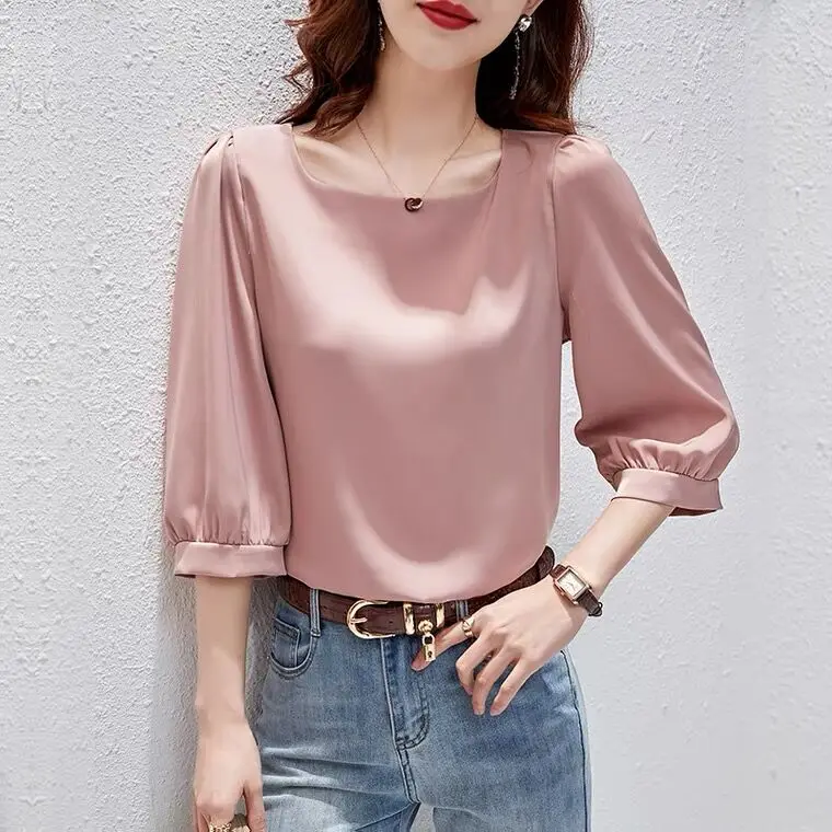 Elegant Satin three quarter Sleeve Blouses Women 2024 Vintage pink ice Silk Shirt Women Casual Loose lantern sleeve Tops