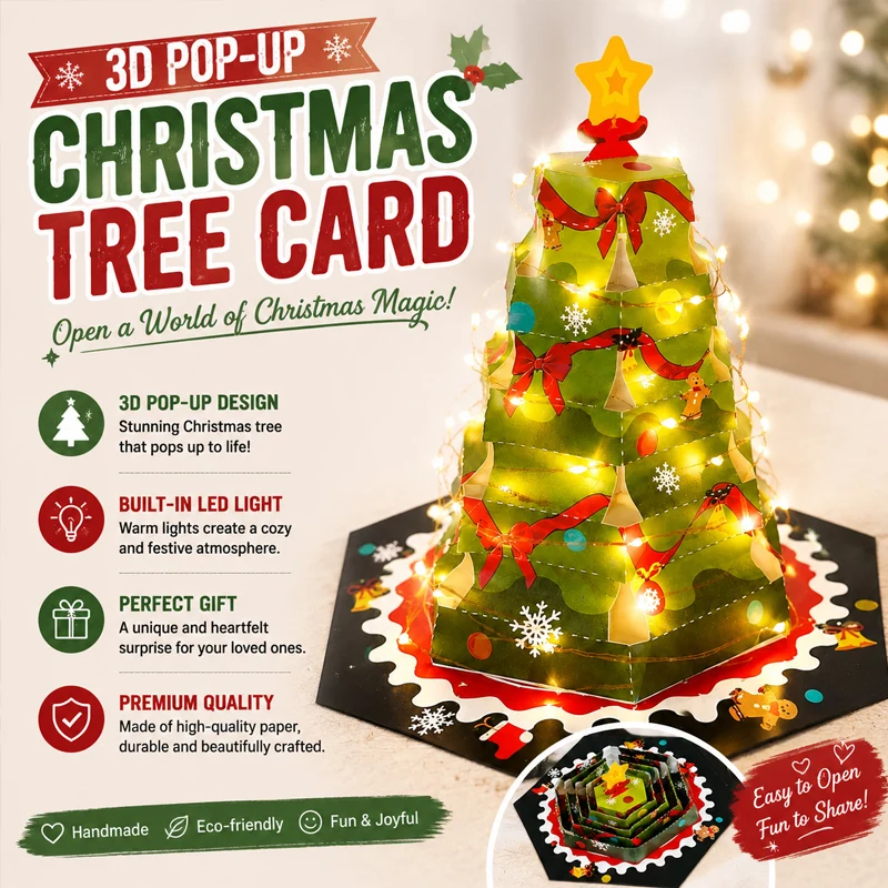 3D Pop-Up Christmas Tree Greeting Card Foldable Surprise with Stretch Pull-Out Design Fun Holiday Card for Festive Celebrations