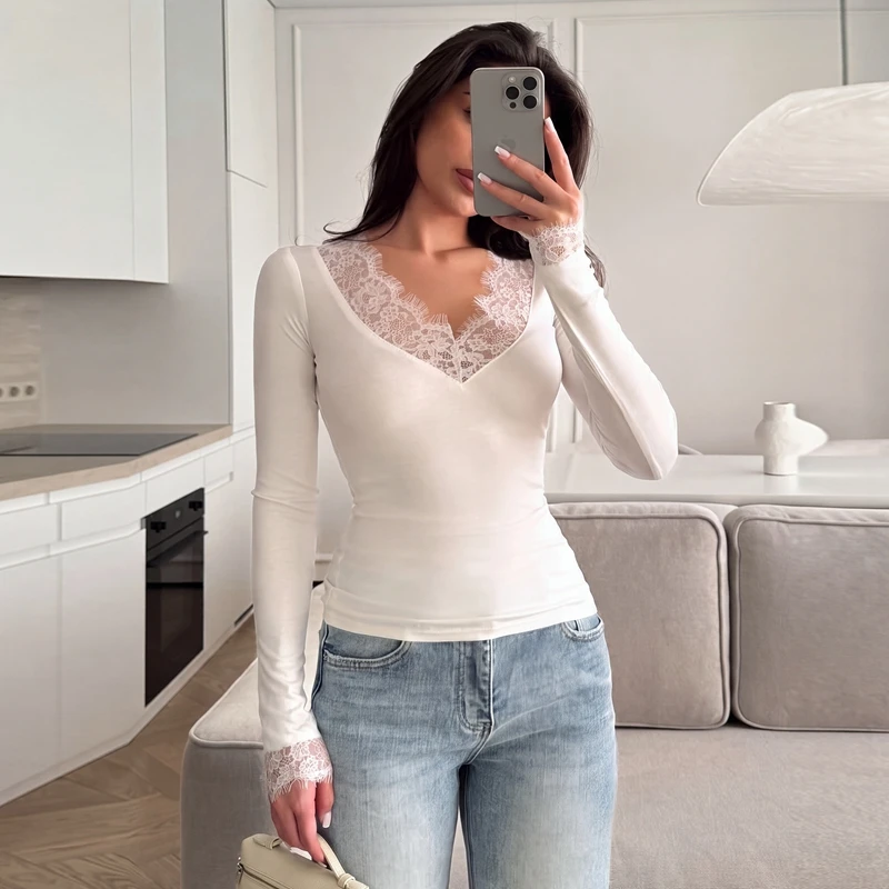 Hugcitar Fashion V-Ausschnitt, einfarbig, langärmelig, mit Spitze, sexy Crop-T-Shirt, Top, passend für Herbst, Damenbekleidung, Party, Nachtclub, T-Shirts – Detail 14