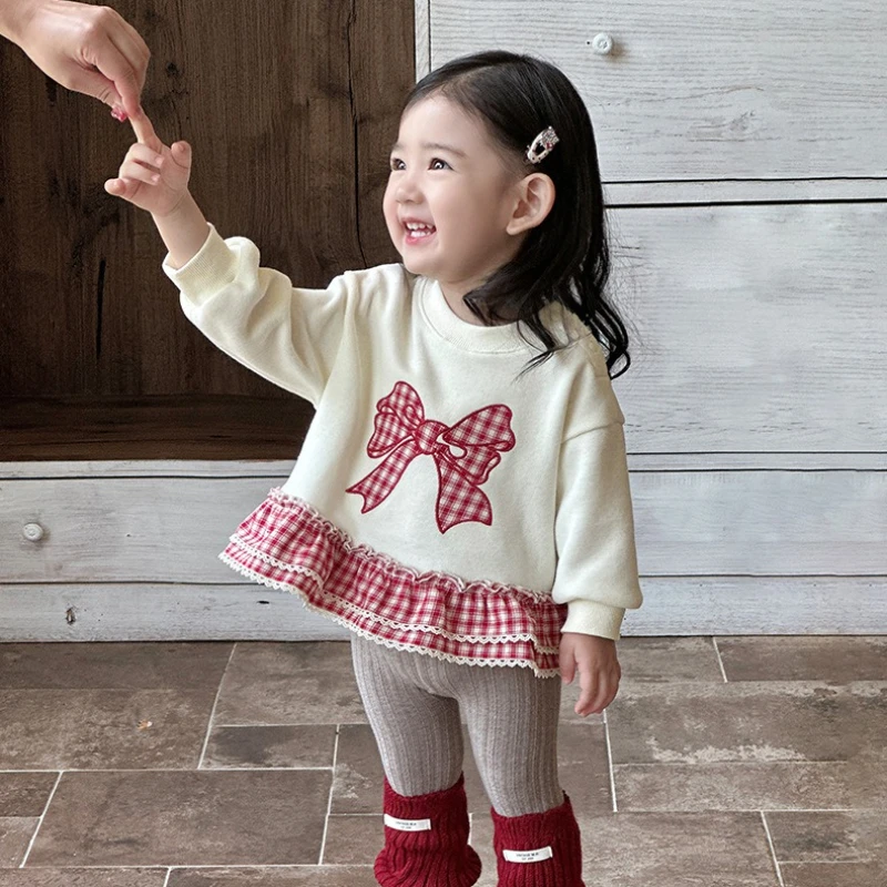 2025 New Autumn Girls' Elegant A-class Preschool Children's Bow Pattern Splicing Grid Cake Bottom Hoodie