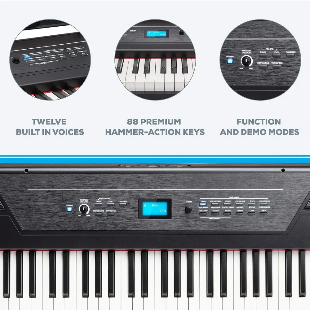 88 Key Digital Piano Keyboard with Hammer Action Weighted Keys, 2x20W Speakers, 12 Voices, Record, FX and Display