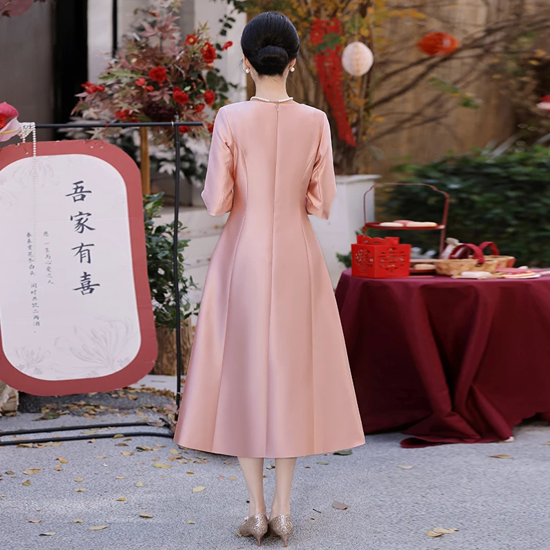 Elegant Round Neck A-Line Tea-Length Pink Satin Mother Of The Bridal Dresses With Sleevs Women Wedding Party Gowns