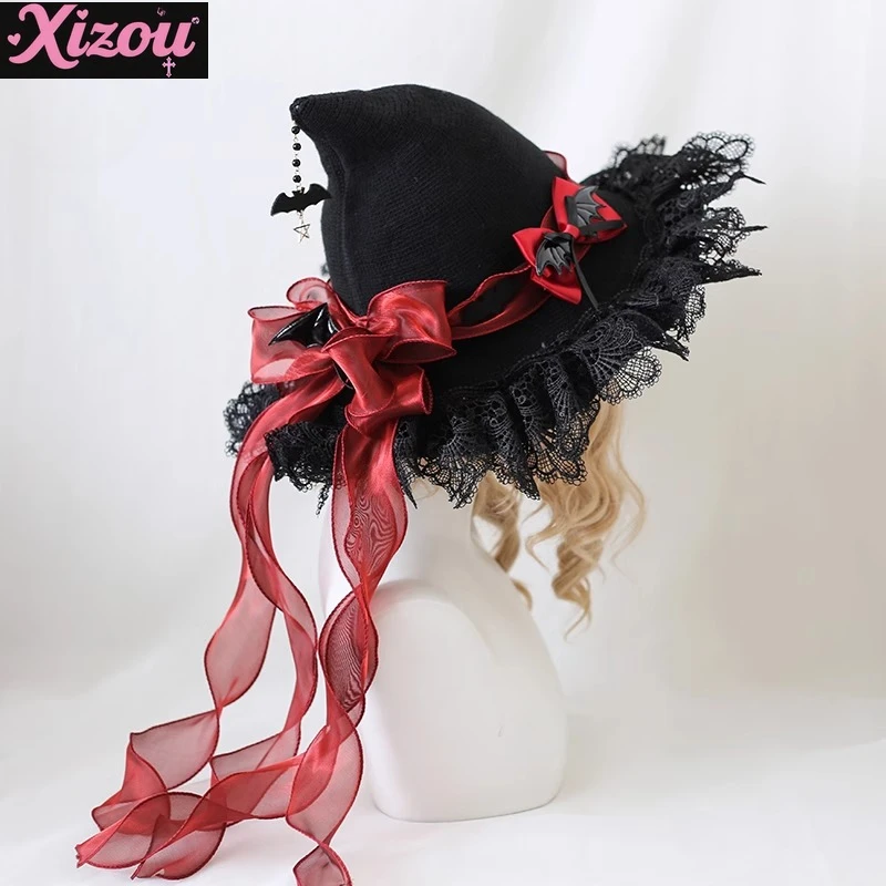 

Оригинальный Хэллоуин Лолита Лолита Демон Лук Твидовый Перламутровый Великолепный Элегантный Кружевной Край Шляпа Ведьмы Большой Карниз Рыбацкая Шляпа