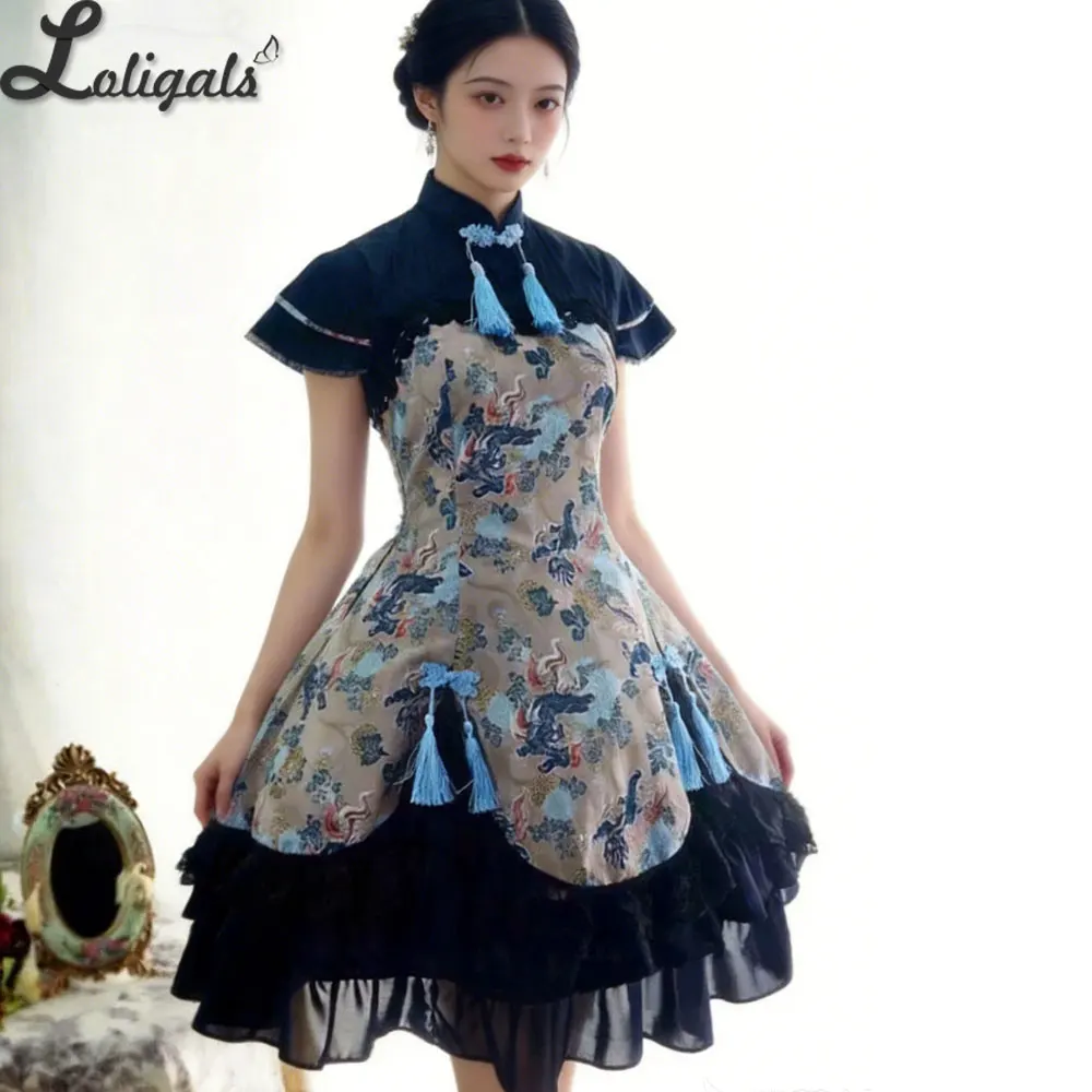 

Vintage Qi Lolita Dress Fairy Kylin Printed Midi Dress with Tassels by Strawberry Witch