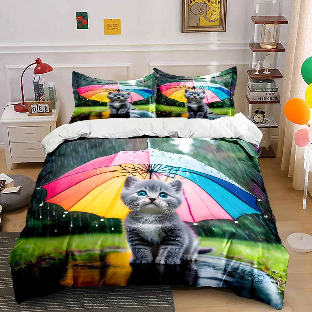 Colorful Umbrella Cat Art Set Bedding Set with 1 Duvet Cover 2 Pillowcases Single Double King Queen, Gift