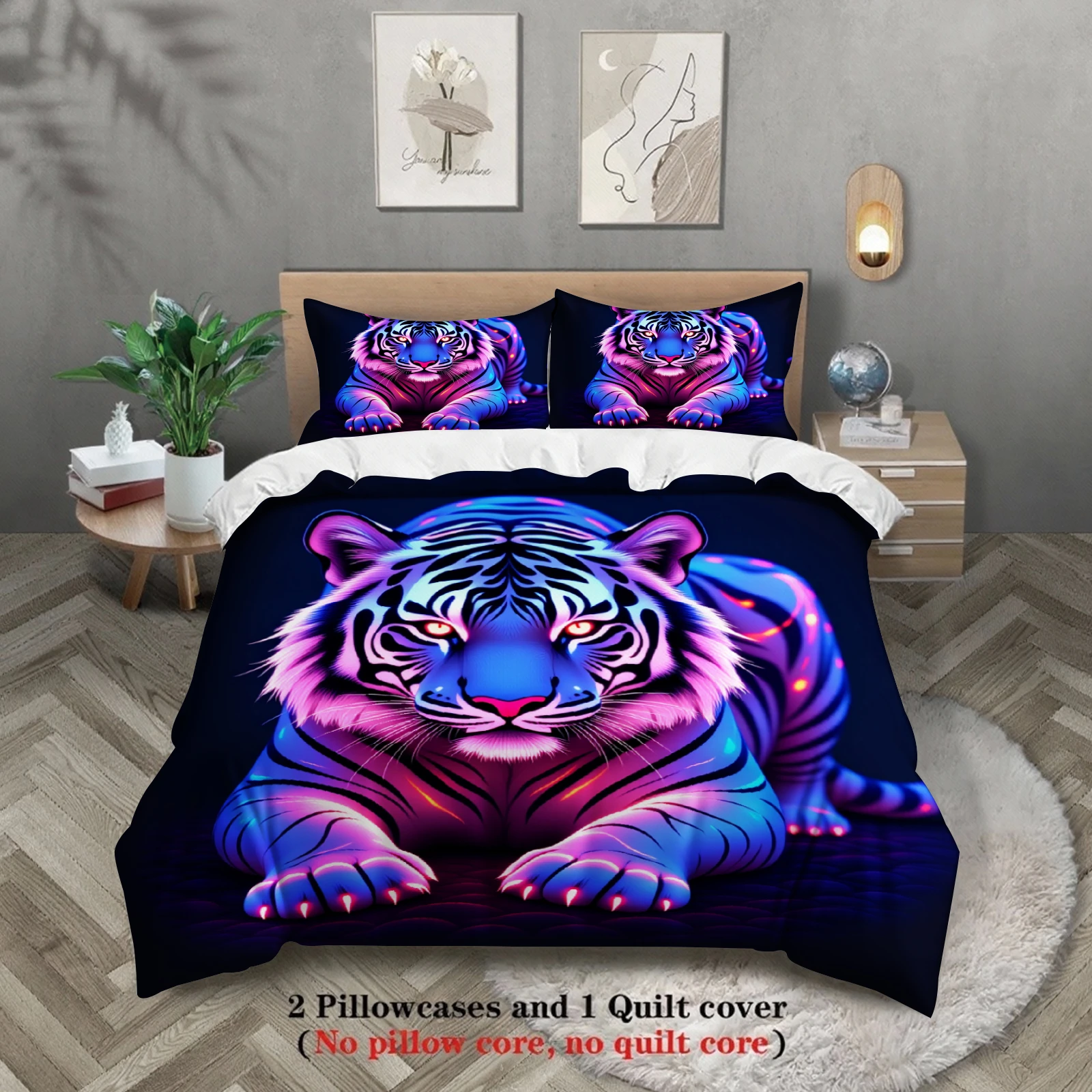 

3pcs Tiger Bedding Sets 3D Printed Neon Tiger Breathable Anti-Slip Easy Care Duvet Cover Sets With Pillowcases No Filling