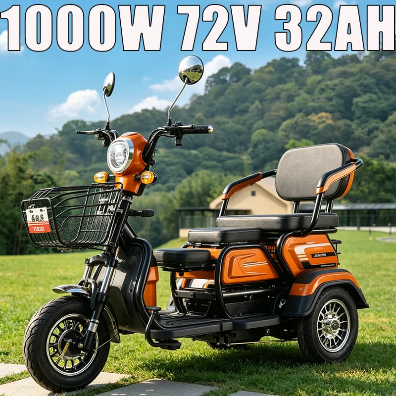 Household 3-Wheel E-Trike With Large 1000W72V32Ah Adult Electric Scooter For Seniors Ladies Daily Commute & Kids School Pickup