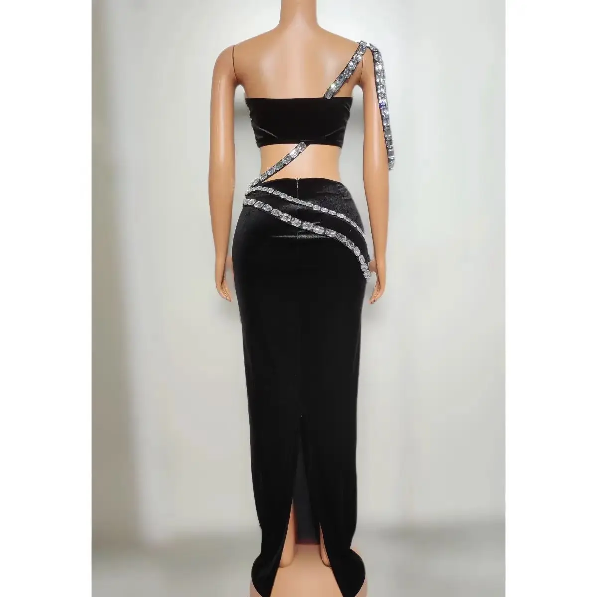 Diamond Studded One Shoulder Sexy Long Skirt Nightclub Bar DJ Female Singer Dance Team Stage Costume Party Theme Show Clothing