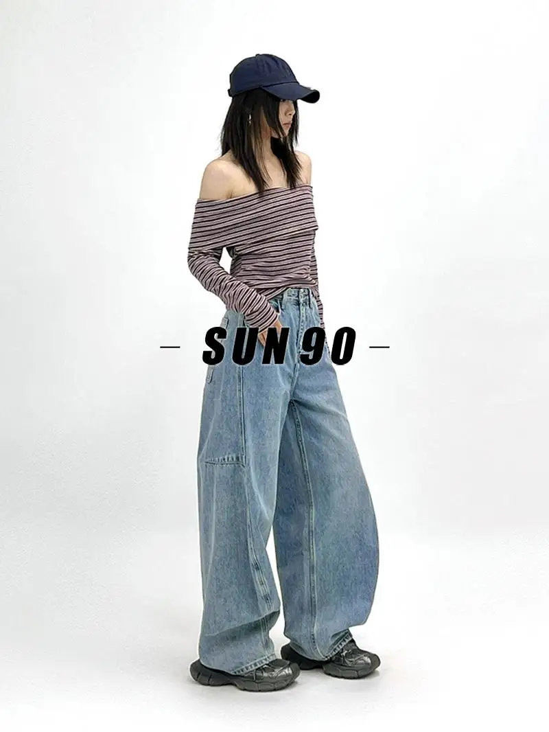 

Sun90 American Retro Scythe Jeans High Waist Loose Slimming Banana Pants Women's Light Blue Hong Kong Sle Casual Straight L...