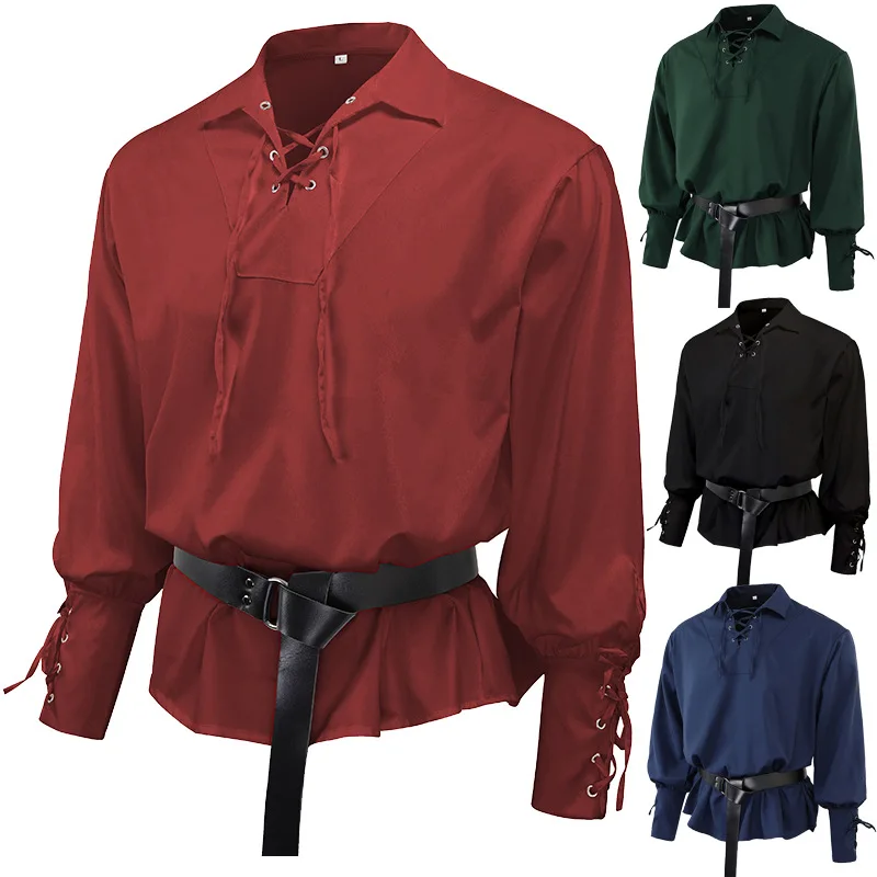 

European Retro Men's Clothing, Medieval Drama Stage Performance Top, Solid Color Loose Cuffs, Tied Rope Men's Shirt