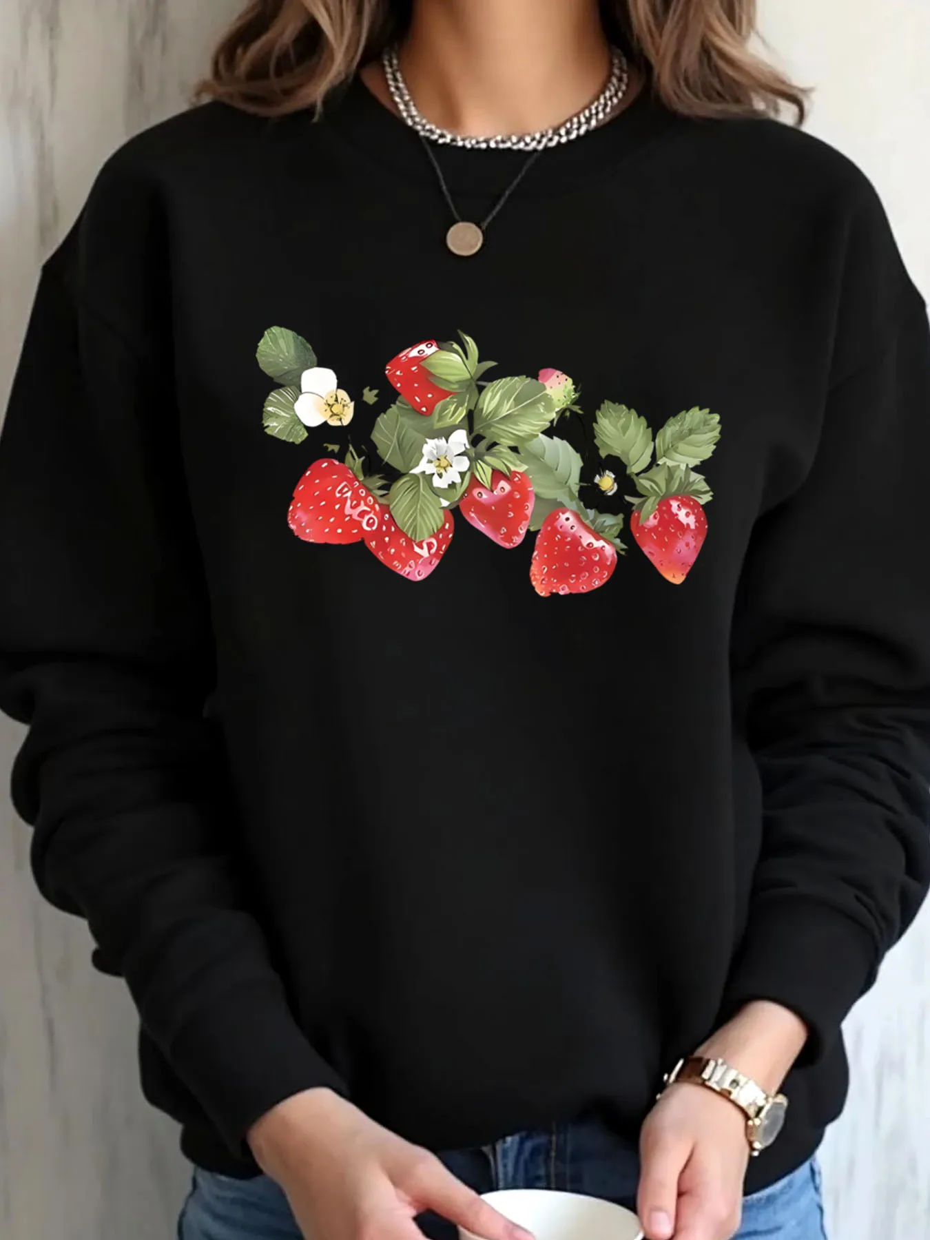 سويت شيرت نسائي كبير الحجم مطبوع عليه زهور الفراولة الربيعية ملابس خارجية #1