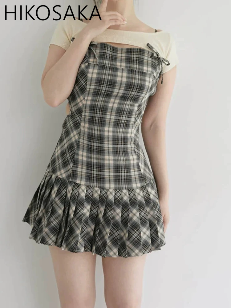 

Japanese Sweet Plaid Short Sling Dress with Smock Bow Pleated Slim Waist Hollow Out Robe Summer 2025 New Vintage Casual Vestidos