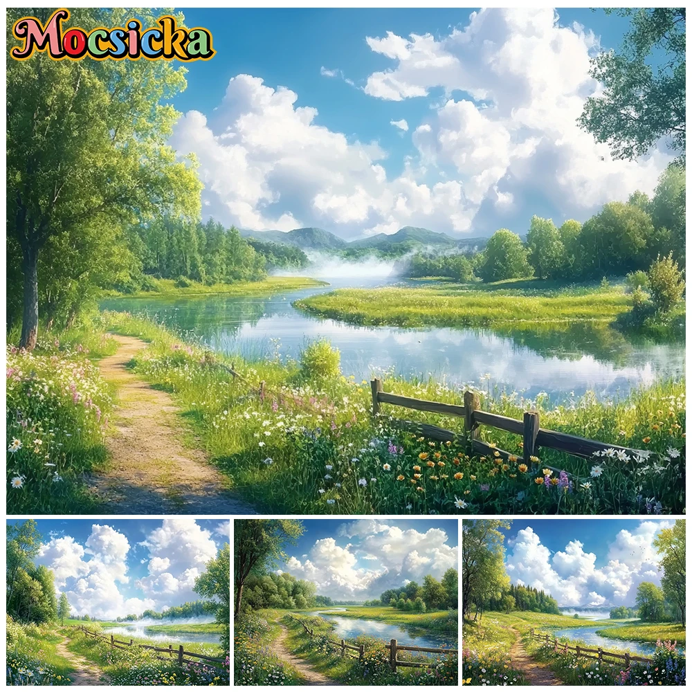 Mocsicka - Fondos de fotografía de paisajes naturales del valle fluvial campestre, bosque verde, camino de flores silvestres, fondos para bodas familiares