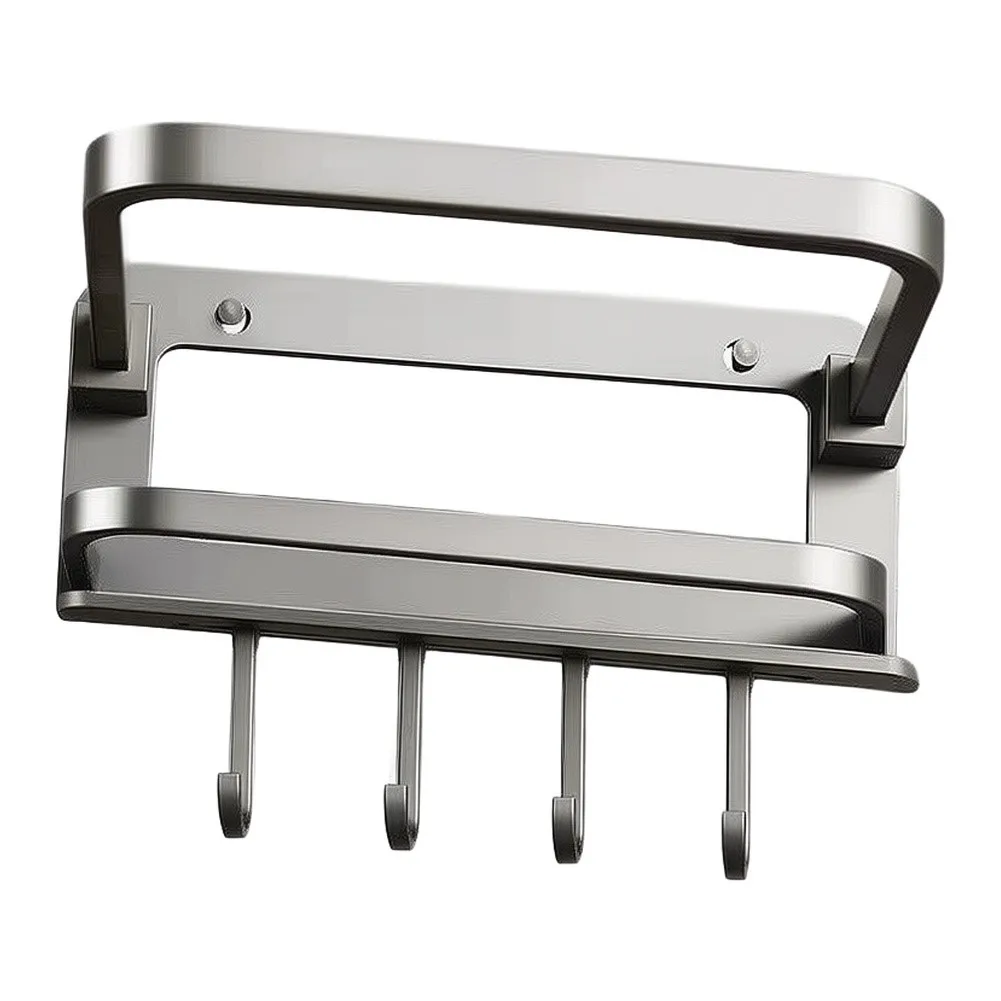 Space Aluminum Wall Mounted Towel Rack Featuring Top Shelf for and Bottom Bar for Towels in Modern Bathroom Setup