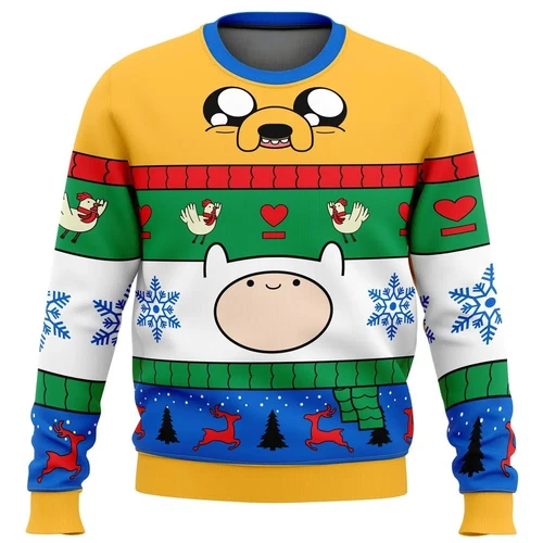 Imagen 1 del producto Sudadera navideña con estampado de Finn y Jake Adventure Time para hombre, sudadera de talla grande con cuello redondo, Otoño Invierno, manga larga, informal, ajuste relajado