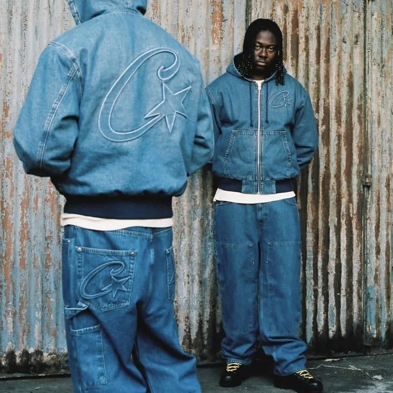 

Retro American Sle Fce Lined Hooded Denim Jaet Embroidered Lettering Worn in Look Youth Casual Wear All Seasons