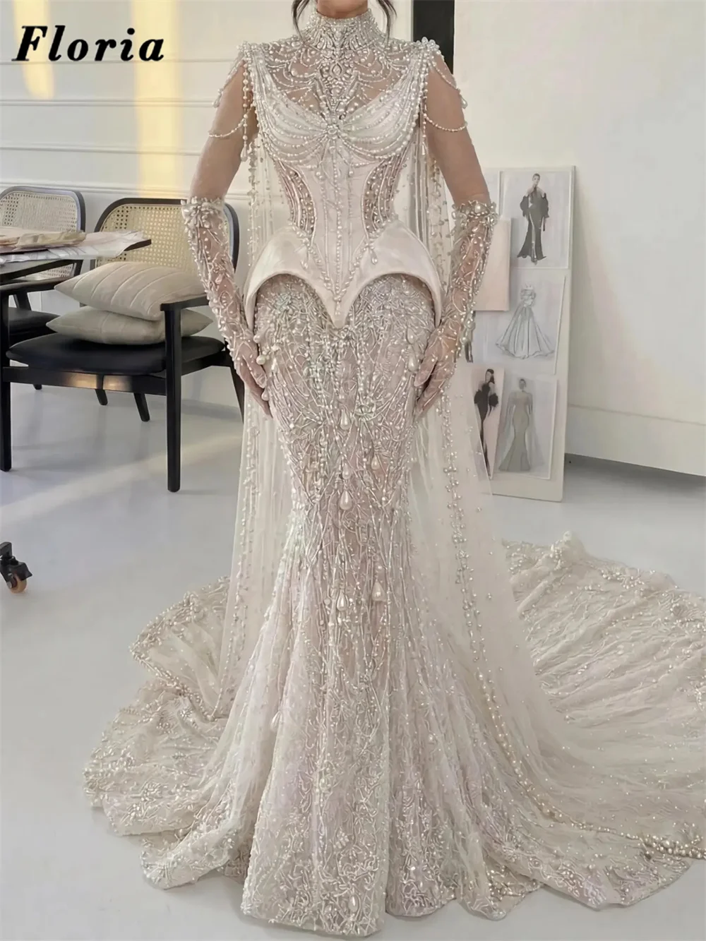 Luxurios Ivory Pearls Prom Dresses Middle East Lace Beaded Long Birthday Evening Wear Dress Customized Wedding Party Gowns Robes