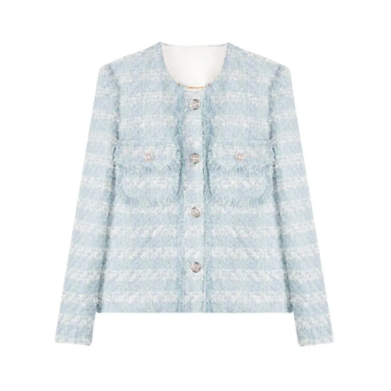 

Sky blue blend woven tweed jacket Spring/fall ladies' top