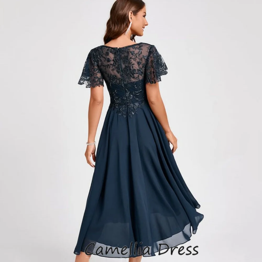 Elegante Kant Chiffon Moeder Van De Bruid Jurken Korte Mouw Applique Een Lijn Thee Lengte Formele Jurk Rits Trouwjurk Jurk Jurk