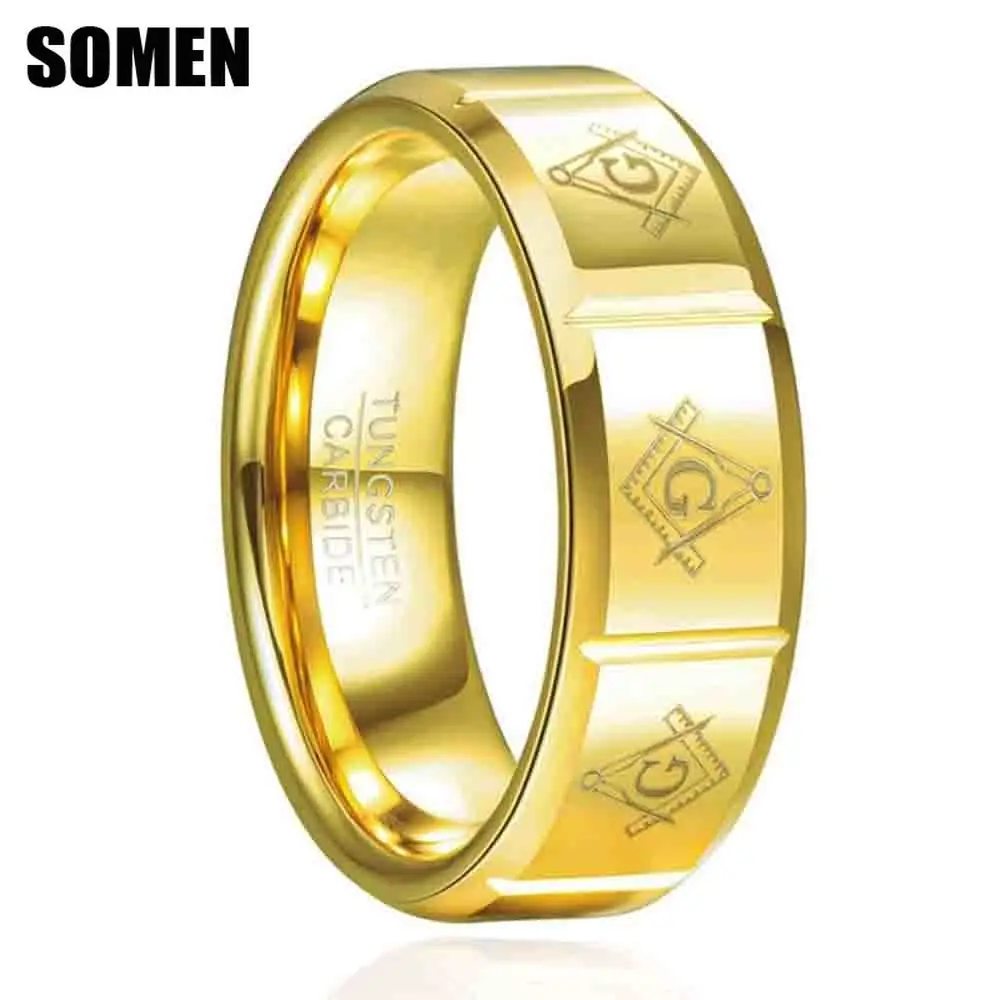 Somen 8mm Gold Color Tungsten Carbide Masonic Ring For Men Freemason Square & Compass Signet Beveled Wedding Band Jewelry Gifts
