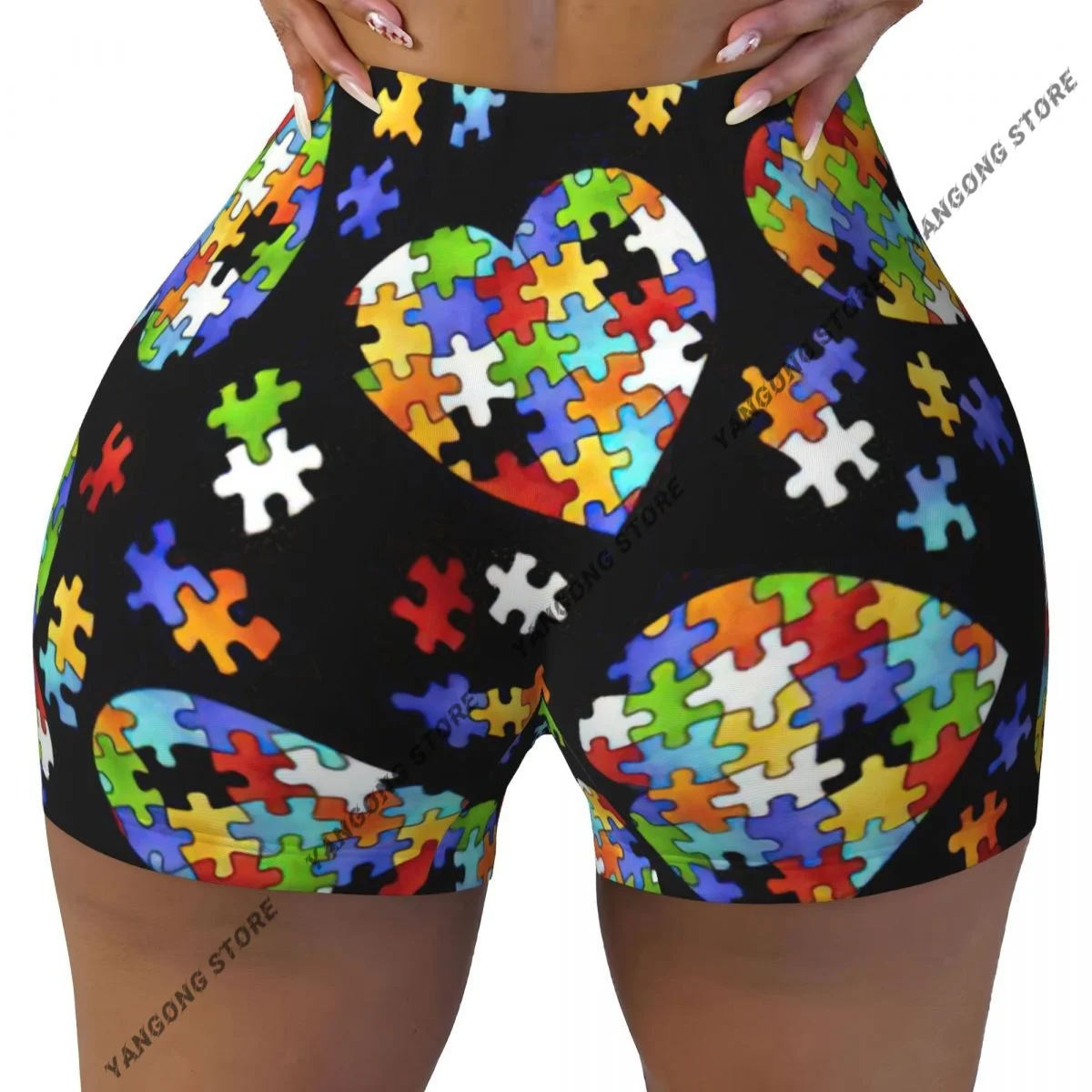 Women Yoga Shorts Autism Awareness Puzzle Pieces Heart Workout Shorts Fitness quick-dry Ladies Yoga Gym Short Pants Sportswear