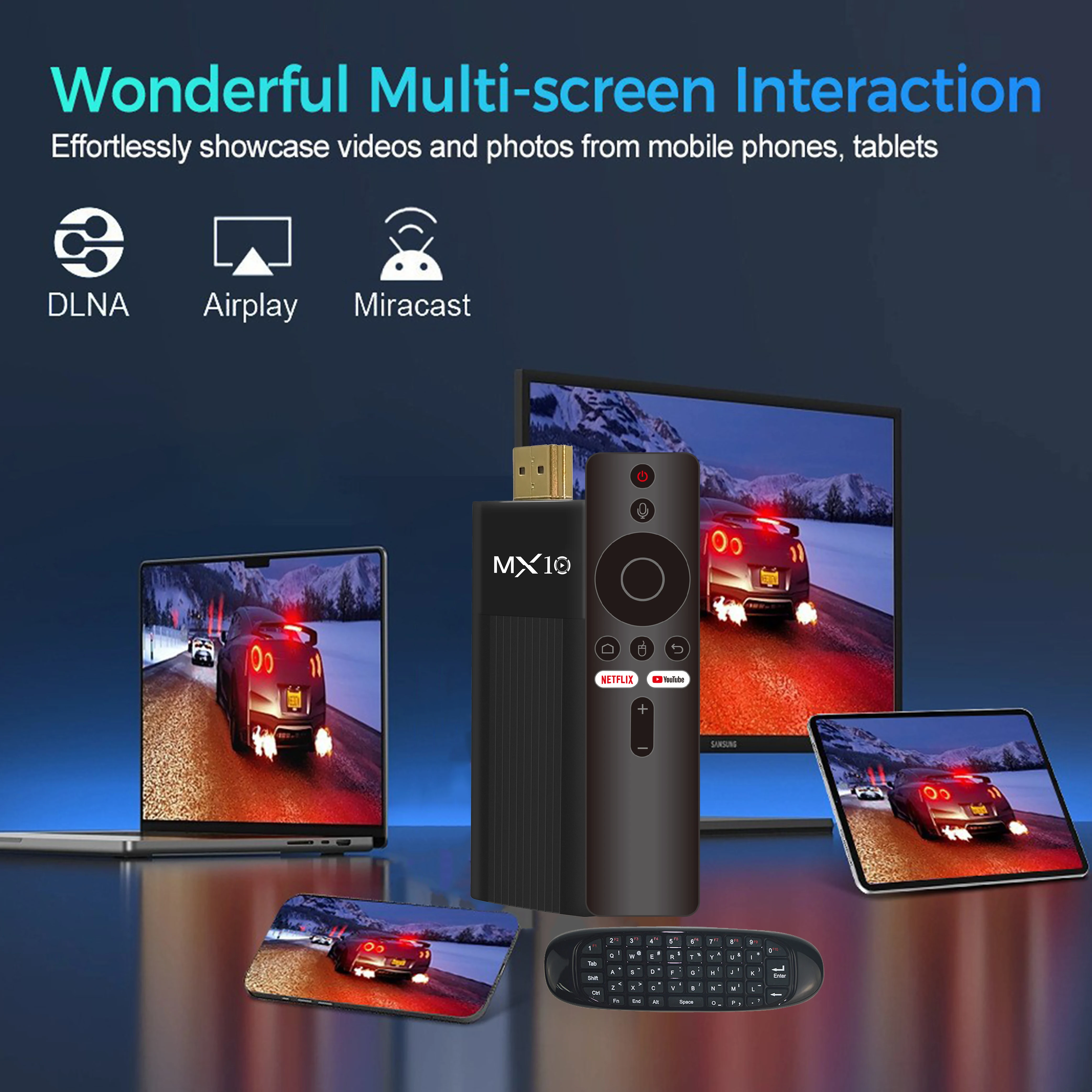 لوحة مفاتيح لاسلكية صغيرة وAmazon Fire TV Stick MX10 F3 Allwinner H313 Android 13 Bluetooth 2.4G Air Mouse Remote مع إضاءة خلفية