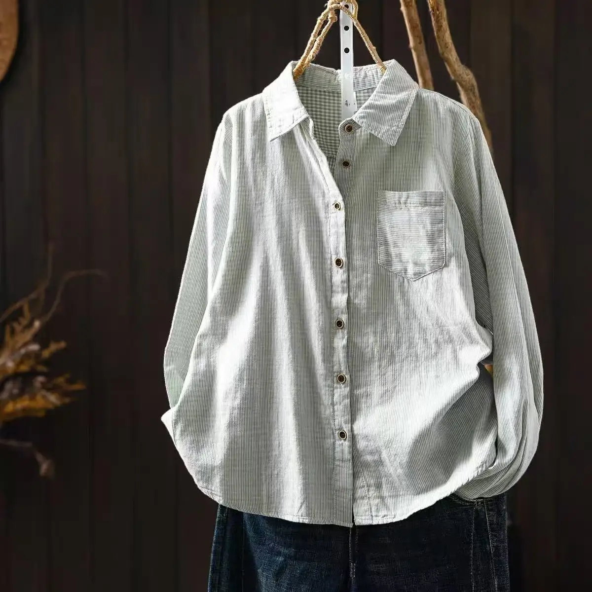 100% Cotton Yarn Women's Long Sleeve Top Japanese Style Gray Pink Green Black Stripes Blouses Ladies Fitted Shirt view 3