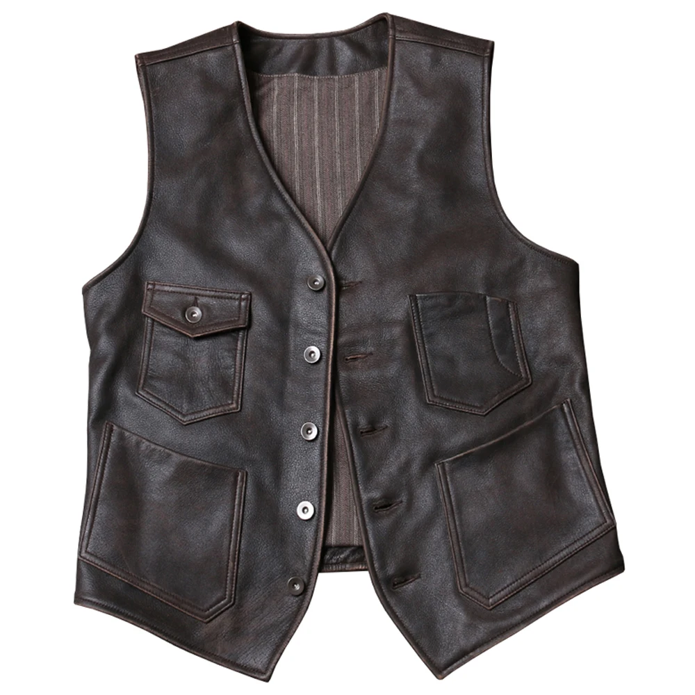 

Retro Vintage Leather Vest for Men Western American Cowboy Cow Leather Mans Vest Waistcoat 4XL Slim Fit Dress Suit Weskit Coat