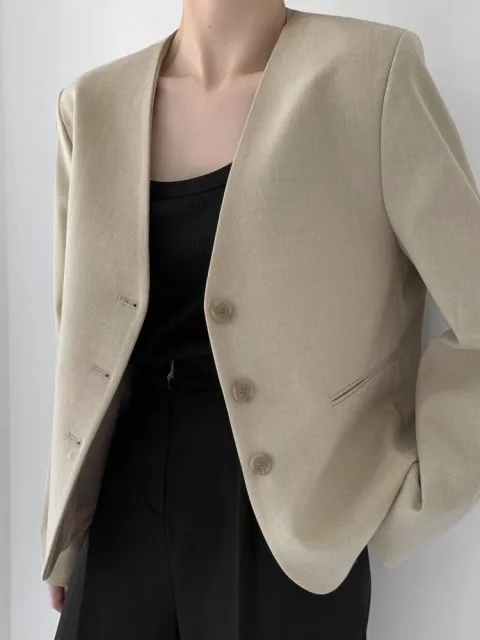 

Шикарный винтажный простой костюм с V-образным вырезом на одной пуговице, свободный цвет, универсальный длинный костюм-вик для женщин, повседневный костюм