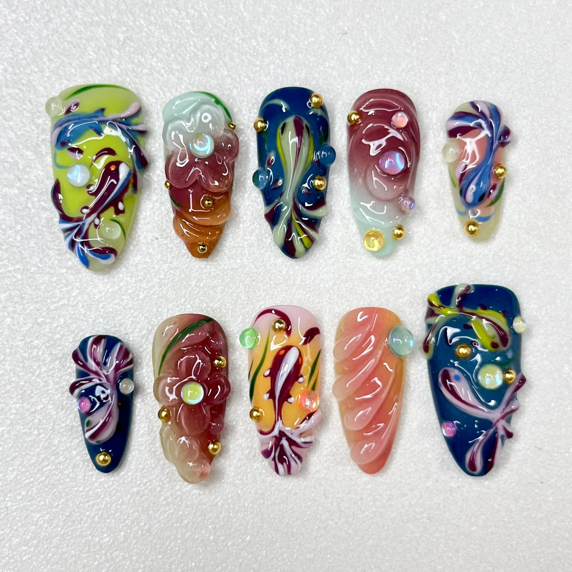 

New Handmade 3D Personalized Manicure Fake Nails Mandarin Duck Color Multicolored Beads Inlaid Relief Series Nail Ornament