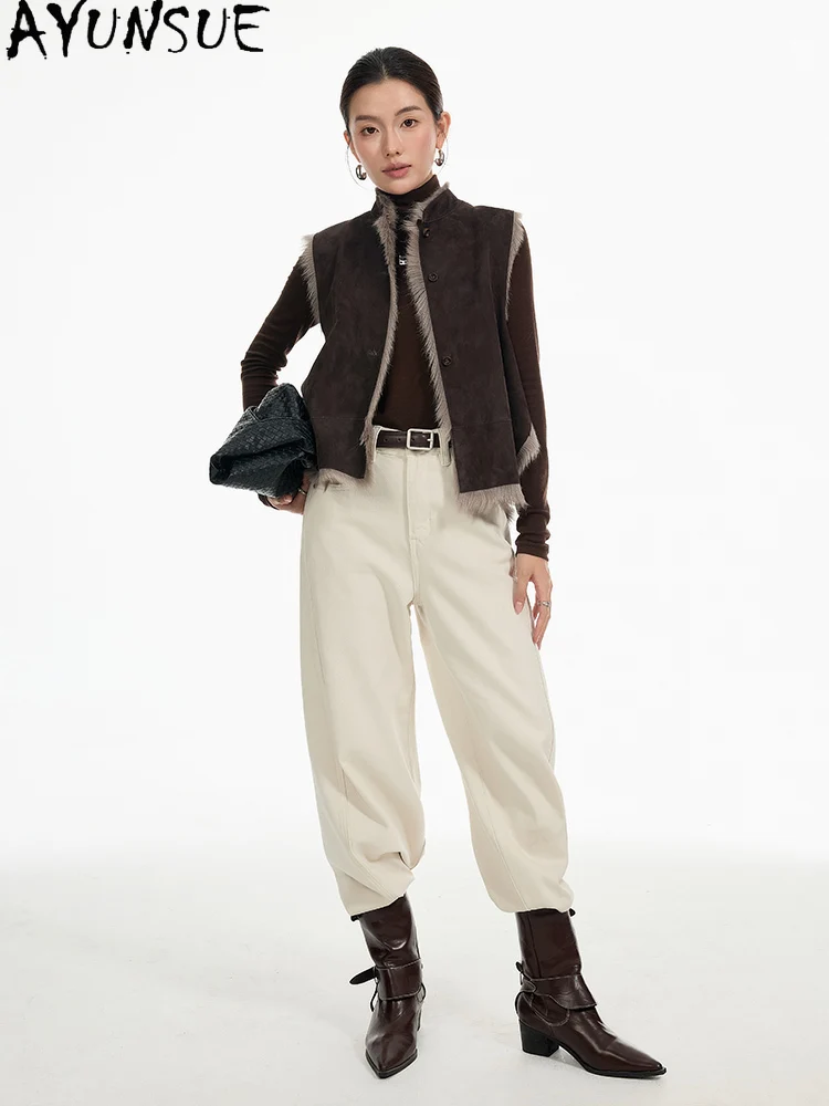 سترة من الفرو الطبيعي للنساء من AYUNSUE ملابس شتوية دافئة من صوف الضأن سترة من جلد الماعز الأصلي للنساء بدون أكمام 2025 شغبة Жеenca #1