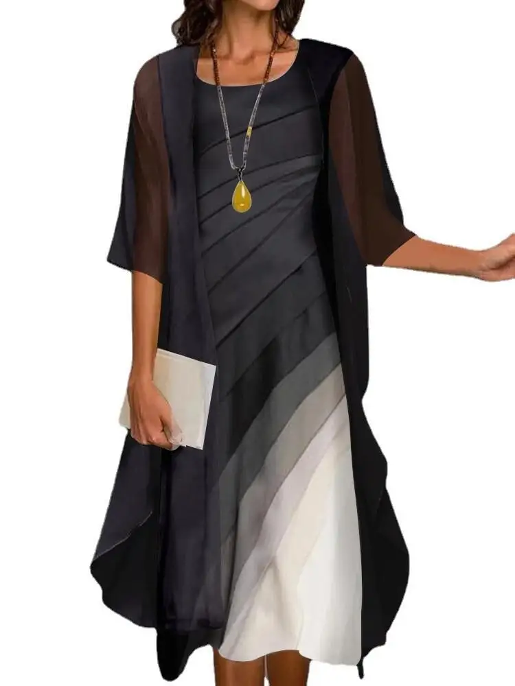 

adient Color Print Dr Two-Piece Set Ele Long Skirt with Blouse for plus Size Women Daily Wear Faion Ladies