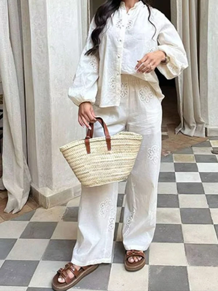 

Casual Embroidery Hollow Out Shirt Pants Sets Women O-neck Lantern Sleeve Blouses Loose Pants 2025 Summer Vacation Lady Outfit