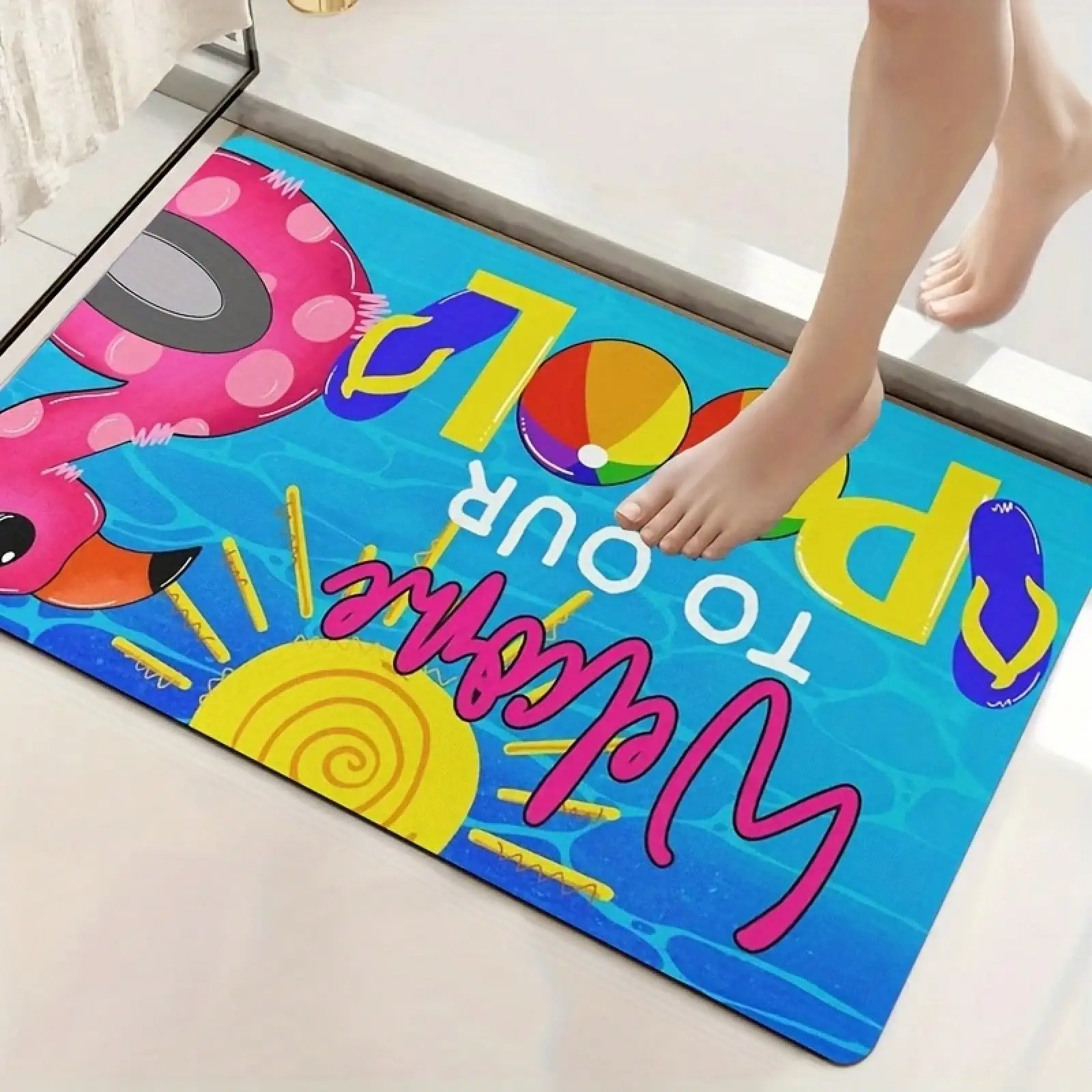 Summer Pool Party Door Mat - Flamingo Sun Beach Ball Flip Flop Welcome Non-Slip Rug, Outdoor Entry Mat for Patio, Multiple Sizes