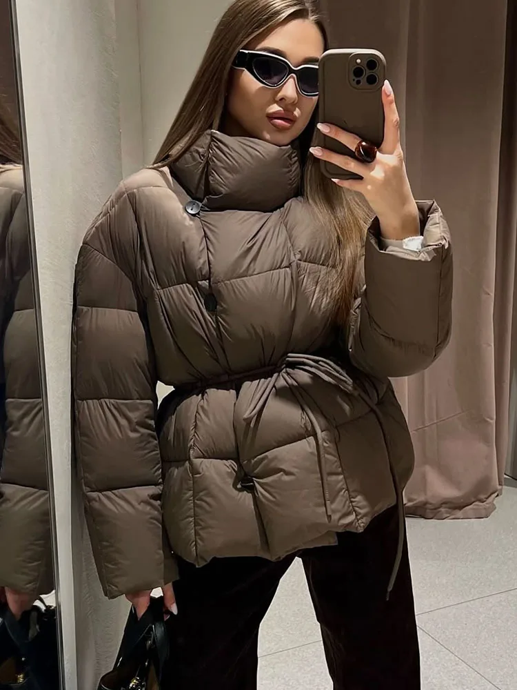 HH Women Winter Warm Short Coat Fashion Female High Collar Long Sleeves Pockets Drawstring Single Breasted Decoration Jackets